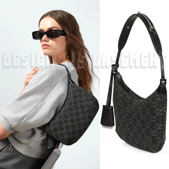 GUCCI black Jacquard Denim GG Monogram Horsebit detail SLIM small Shoulder bag🎁 - Picture 6 of 13